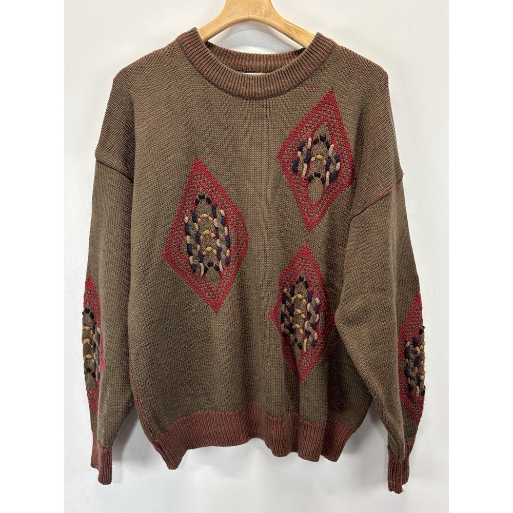 Vtg New River Geometric Sweater Men's XL 3D Knit Grandpa Core 80s Wool Blend